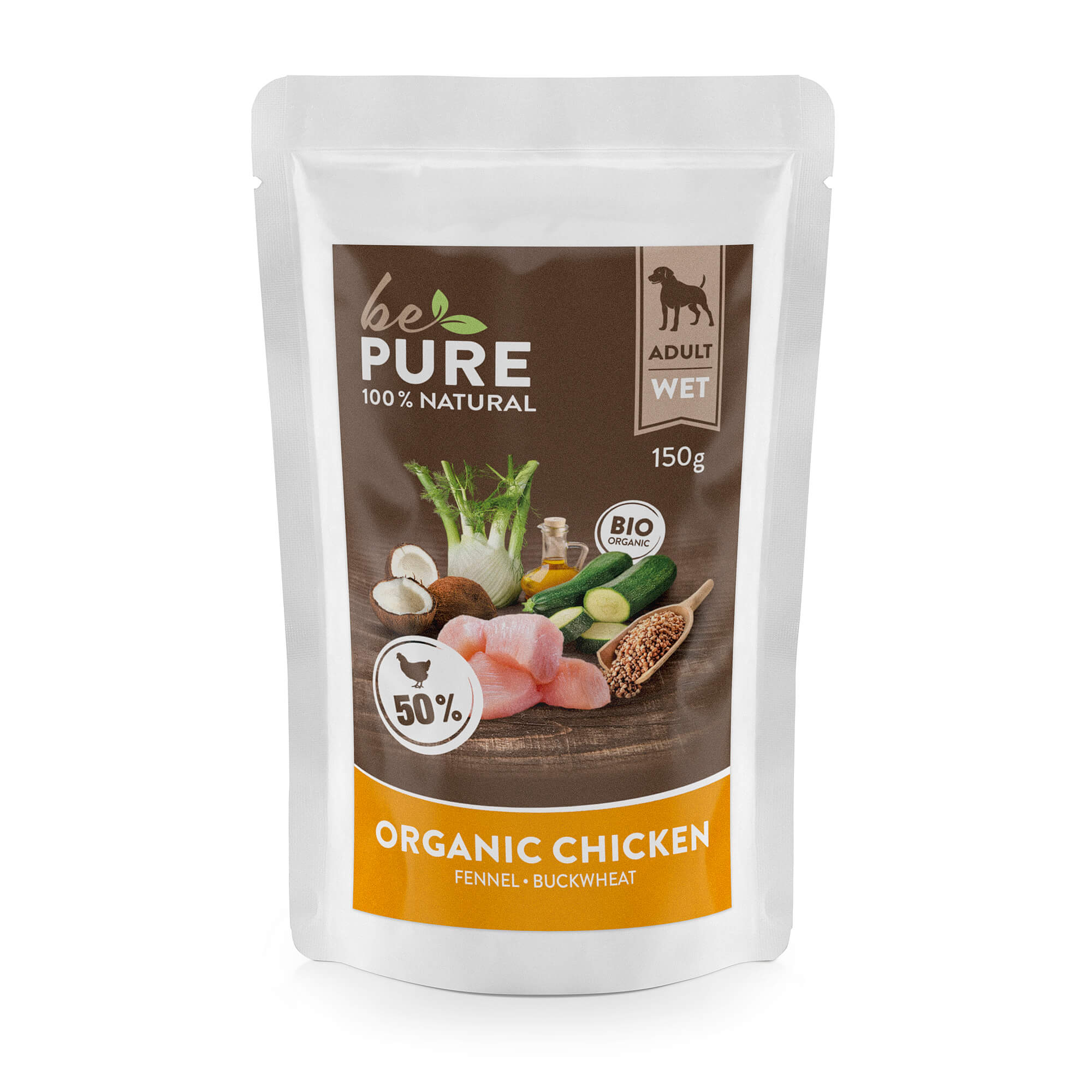 bePure Organic Chicken mit Bio Huhn, Gemüse und Buchweizen für Hunde (150g)