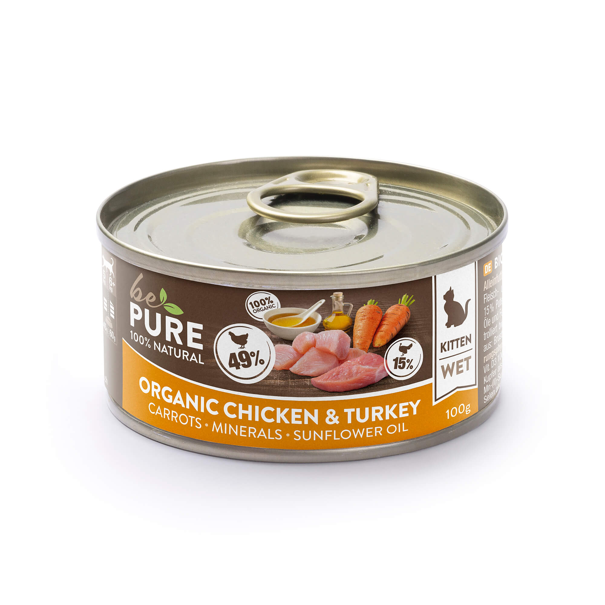 bePure Organic Chicken & Turkey mit Bio Huhn, Pute und Karotten für Kitten (100g)