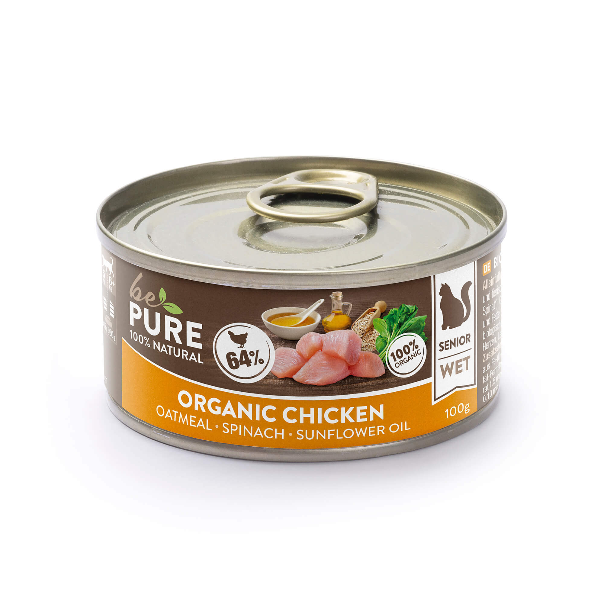 bePure Organic Chicken mit Bio Huhn, Spinat und Hafer für Senioren Katzen (100g)